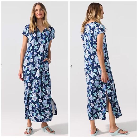 NWT $119 J. Jill Split-Neck Floral Blue Maxi Dress Women’s XL - Picture 1 of 8